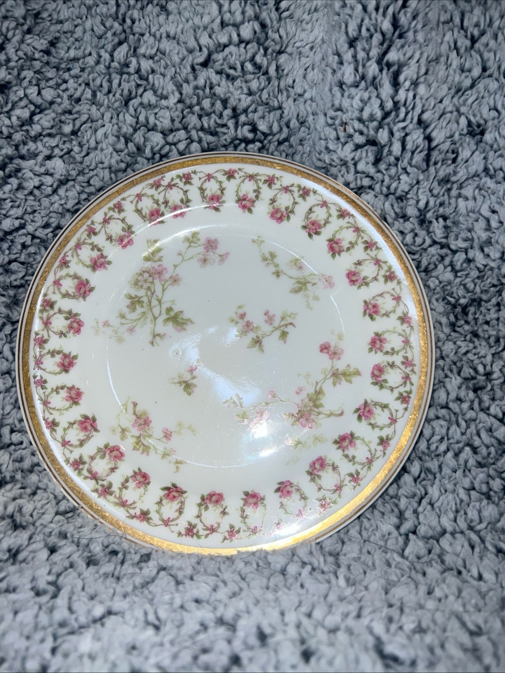Haviland & Co Limoges White Bread Plate with Pink Rose Garland and Gold Rim